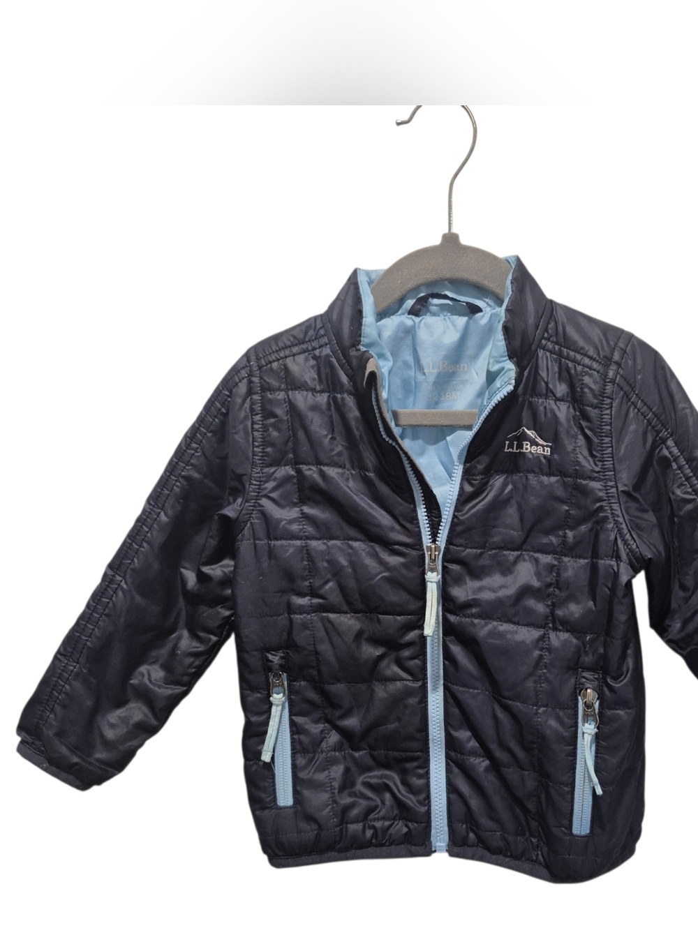 LL Bean 12-18 Months Toddler Blue Puffer Jacket Reflective Detail W Pockets Kids